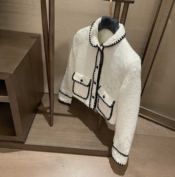 

jacket womens contrasting color floral border lapel short tweed jackets button opening long sleeve pockets wool coats fashion designer women, Black;brown