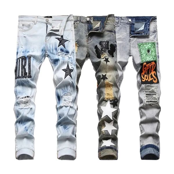 

mens jeans 2023 designer mens jeans pants ripped high street fashion brand pantalones vaqueros para hombre motorcycle embroidery trendy long, Blue