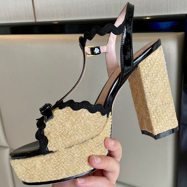 

womens 2023 fashion spring summer platform sandal raffia shoes elegant designer chunky high block heel peep toe ankle strap, Black