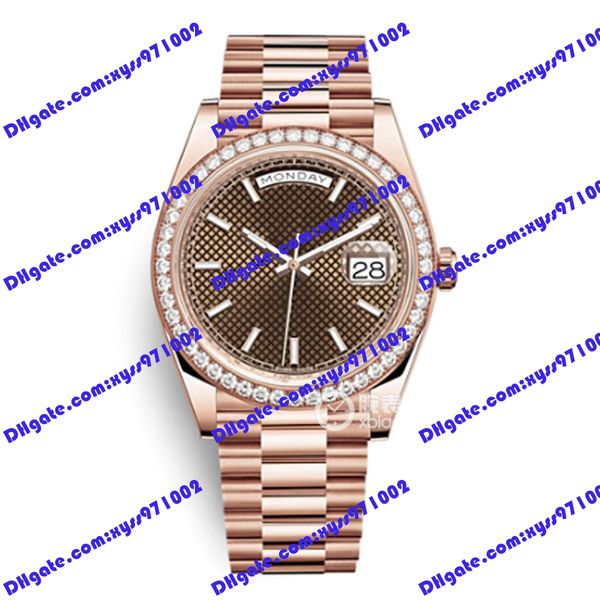 

men's watch 2813 automatic mechanical watch m228345 40mm chocolate grid dial diamond bezel rose gold stainless steel wristwatch calenda, Slivery;brown