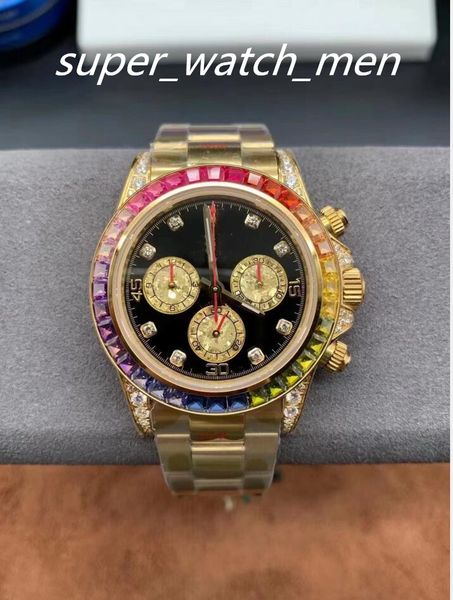 

mens watch automatic mechanical chronograph eta 7750 movement 904l steel diamond dial bezel crystal yellow gold rainbow waterproof luminous, Slivery;brown