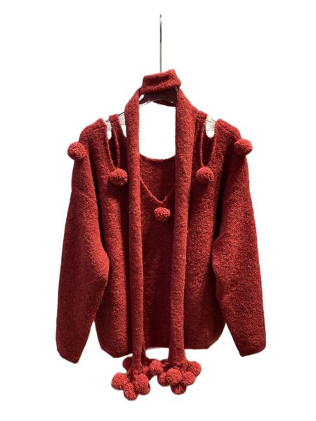 

23 autumn and winter temperament new wool ball decoration scarf off shoulder sweater, White;black