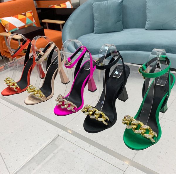 

womens 2023 summer new fashion dress sandal satin shoes with crystal chunky chain elegant high block heel peep toe ankle strap, Black
