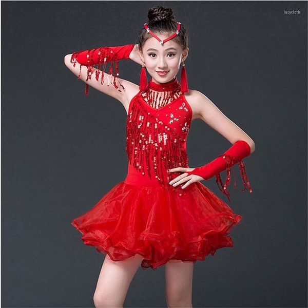 

stage wear sequins tassel competition latin dance dress for girls gymnastics practice dancing girl dancewear kids, Black;red