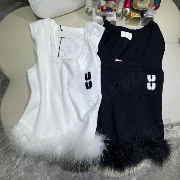 

womens sweaters flocking logo embroidery ostrich fur decorated hem knitted vest u-neck sleeveless design slim knitwear fashion designer wome, White;black