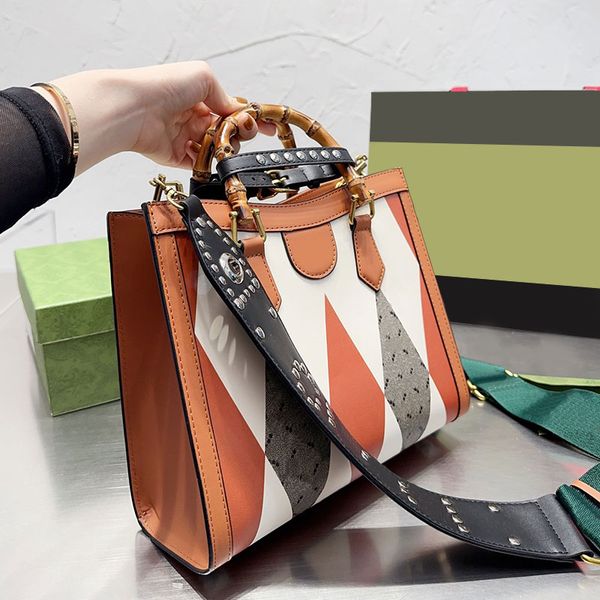 

bamboo portable diana shopping bag large capacity handbag women shoulder bags fashion letter print genuine leather leather strap rivet decor