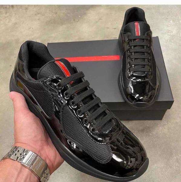 

lightweight americas cup sports shoes patent leather & nylon luxurious brand sneakers mens skateboard mesh runner casual outdoor walking, Black