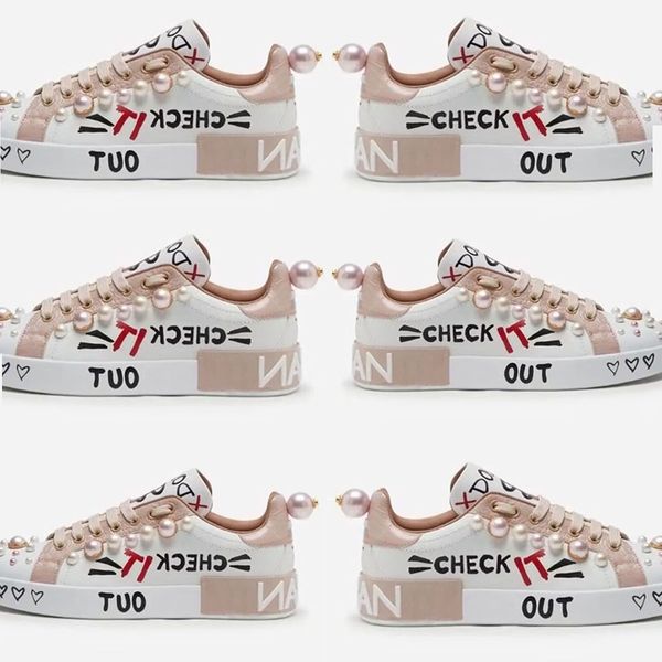 

women men casual shoes low pearls sneakers nappa leather graffiti stinestone platform sneaker luxury brands portofino- comfort outdoor trai, Black