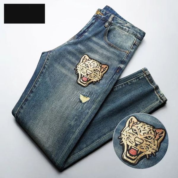 

designer men's jeans parachute pants fashion tiger head embroidery slim straight casual long pants, Blue