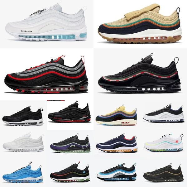 

with box men women 97 running shoes 97s air triple black white sean wotherspoon sail pink silver bullet mens trainer sneakers cork soft pink