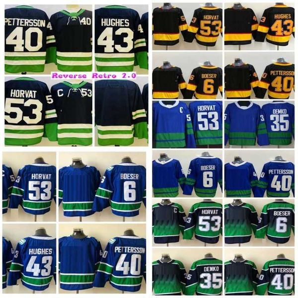 

2022 reverse retro hockey jerseys green home 53 bo horvat 6 brock boeser 40 elias pettersson 43 quinn hughes 35 thatcher demko 50th black sh, Black;red