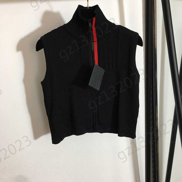

womens sweaters contrasting color striped letter embroidery stand collar sleeveless knitted vest zipper flap short slim knitwear brand women, White;black