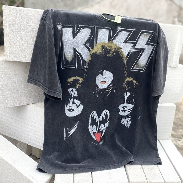 

metal rock band kiss t shirts plus size men t-shirts retro distressed heavy cotton man vintage oversized t-shirt streetwear tee youth tees, White;black