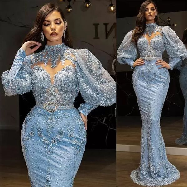 

light sky blue puff long sleeves evening dresses high collar beaded lace appliques formal party prom gowns mermaid arabic aso ebi special oc, Black;red