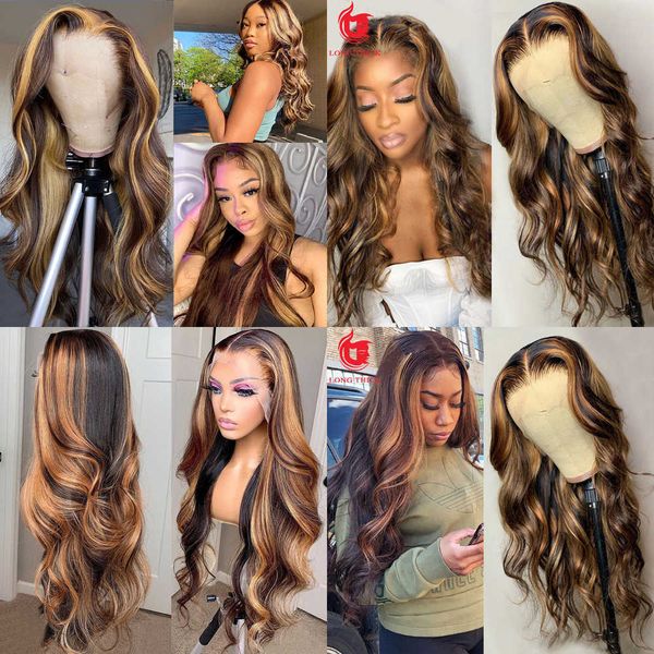 

lace wigs highlight wig human hair ombre lace front wig 30 inch brazilian hair wigs for black women honey blonde body wave lace front wig 22, Black;brown