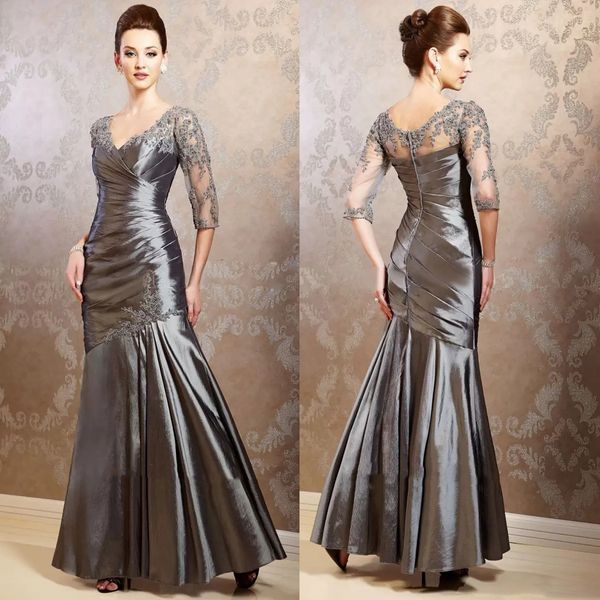 

elegant gray mermaid mother of the bride dresses illusion half sleeve lace appliqued pleats mermaid long wedding party gowns guest dress pro, Black;red