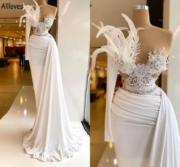 

unique feathers modest white mermaid prom dresses elegant one shoulder lace pearls beaded evening party gowns ruched peplum reception engage, Black