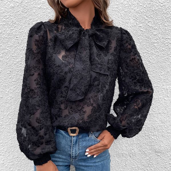 

jacquared black shirt office lady simple fashion hollow out and bow blouse women street casual shirts women, White