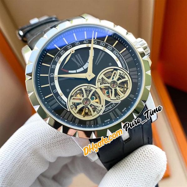 

new excalibur 46 rddbex0249 double tourbillon automatic mens watch power reserve steel case black dial leather strap watches pure 283k, Slivery;brown