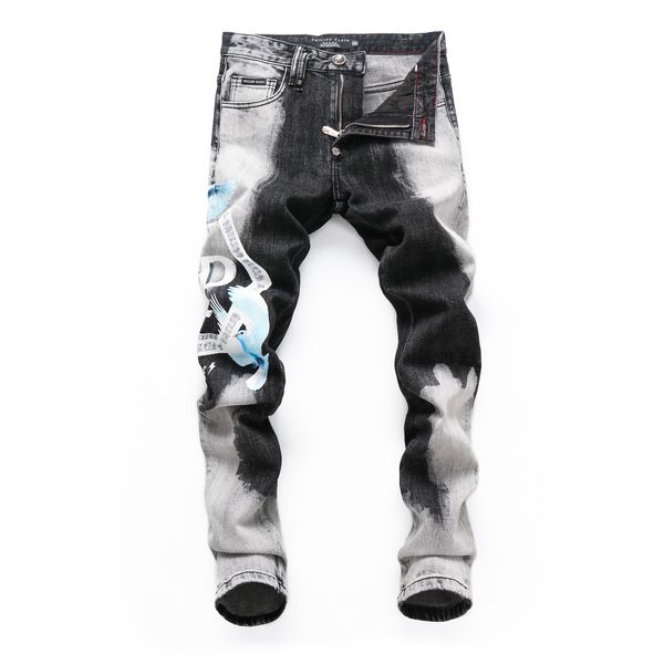 

men's jeans autumn and winter washing low waist small feet quality nightclub skull human bone university broken beggar pp jeans men, Blue