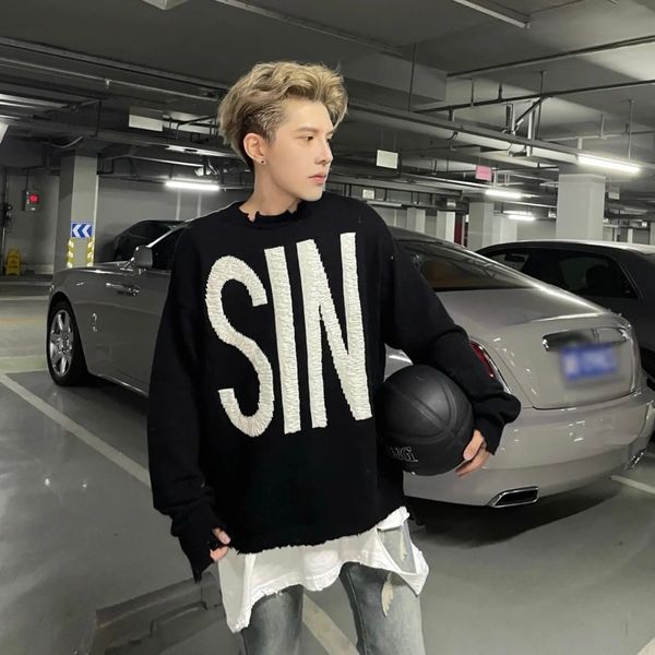 

saint michael sin men's sweaters knitted sweater o-neck vintage swearshirt long sleeves sweaters heavy weight big tall man pullovers ju, White;black