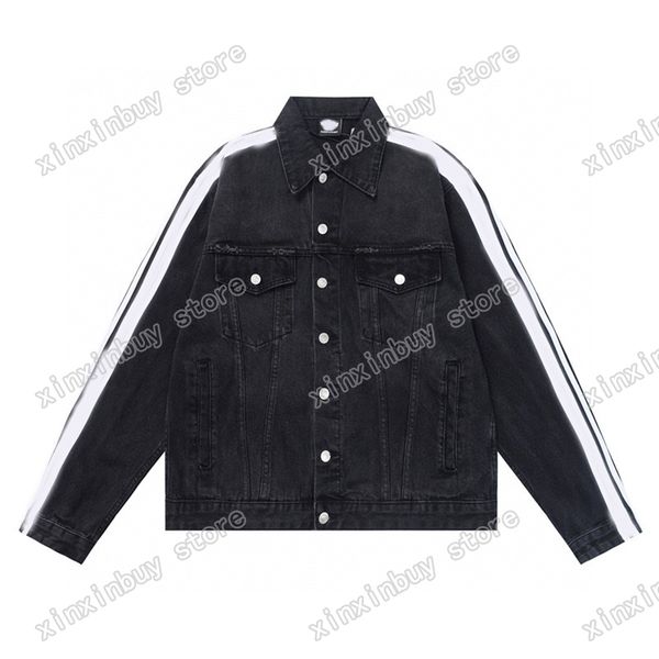 

xinxinbuy men designer coats denim windbreaker sleeve stripe letters jacquard webbing jogging paris cotton women black white grey xs-l, Black;brown