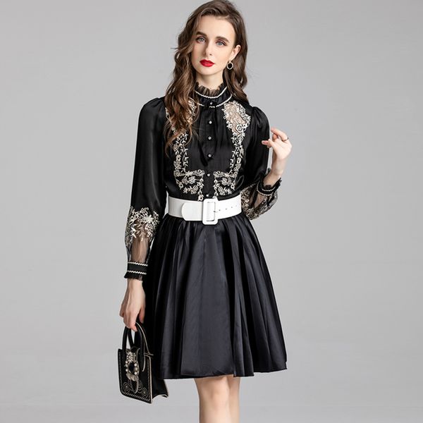 

women's runway dresses ruffled collar long sleeves embroidery elegant fashion casual designer vestidos, Black