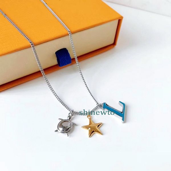 

europe america fashion style aquatics necklace men lady women silver-colour metal with enamel v initials turtle starfish pendant chain m0028