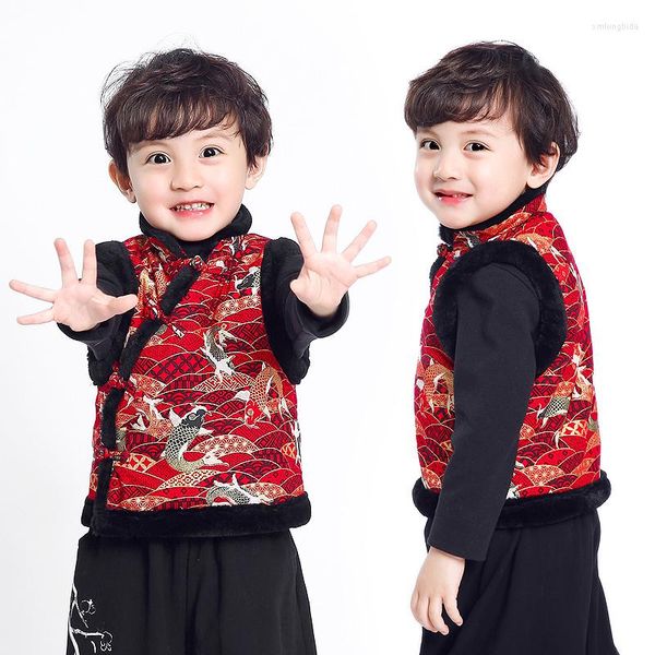 

ethnic clothing boys retro fashion hanfu vest chinese style embroidery tang suit kids traditional oriental year warm cute waistcoat, Red