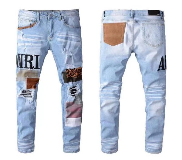 

2022 mens jeans distressed motorcycle biker jean rock skinny slim ripped hole letter designer pants brand 9 colors den1022354, Blue