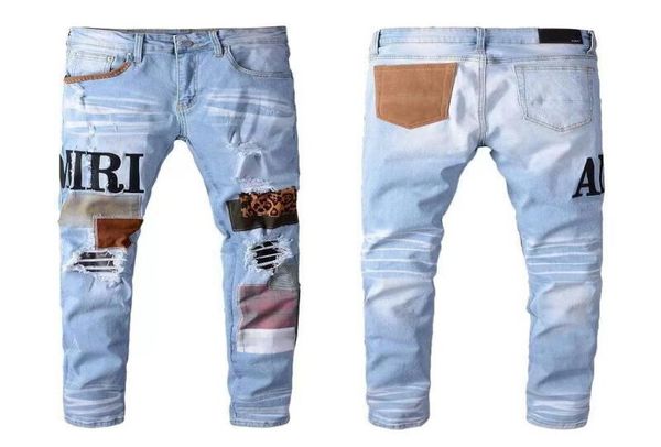 

2022 mens jeans distressed motorcycle biker jean rock skinny slim ripped hole letter designer pants brand 9 colors den1777972, Blue