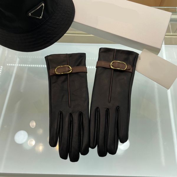 

stylish belt buckle leather gloves winter golden buckles mittens women plus velvet warm gloves sheepskin mitten with box, Blue;gray