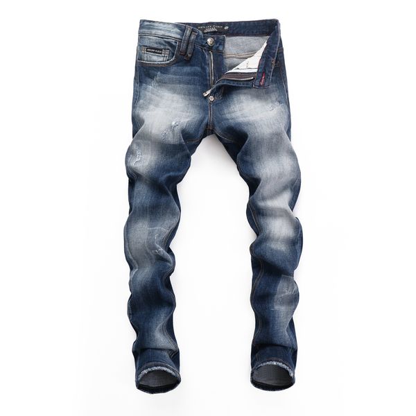 

men's jeans autumn and winter personality low waist small feet quality nightclub skull human bone university broken beggar pp jeans men, Blue