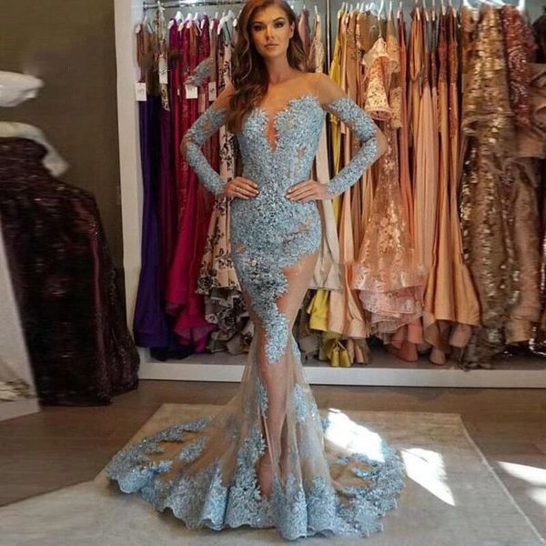 

open back lace mermaid evening dresses sheer blue long sleeve appliques beads illusion women occasion prom dresses, Black;red