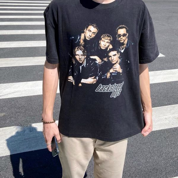 

backstreet boys retro t-shirt vintage tee trend men's and women's short-sleeves t shirts plus size distressed heavy cotton man ov, White;black