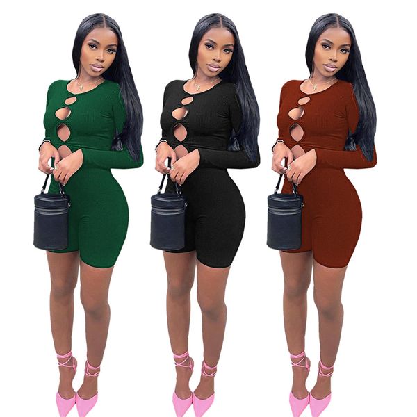 

ribbed rompers women one-piece outfit club party clothes bodycon hollow out bodysuit shorts elastic long sleeve jumpsuits wholesale 9065, Black;white