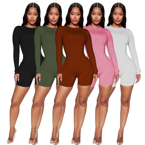 

2023 women rompers solid one-pieces outfit clothes bodycon ribbed bodysuits long sleeve jumpsuits shorts wholesale spring fall clothing 9064, Black;white
