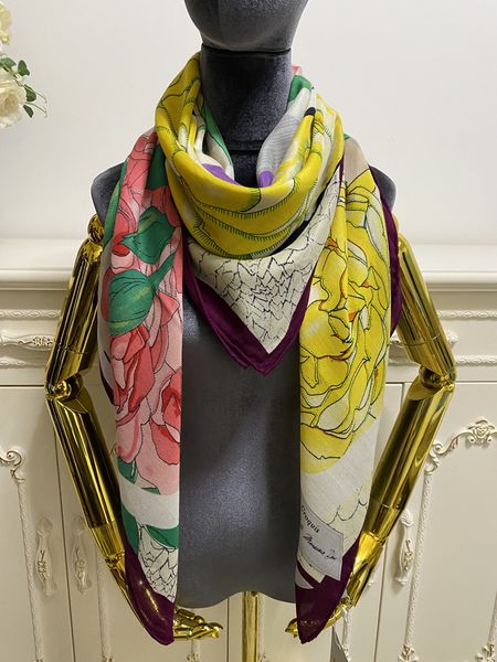 

women's scarf 50% silk 50% wool material thin and soft print letters floral patten square scarves for women size 130cm -130cm, Blue;gray