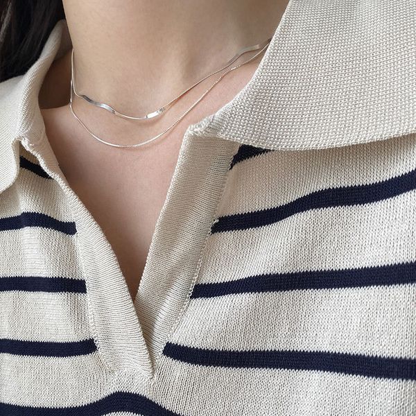 

authentic 925 sterling silver statement chain choker necklace double layer chain snake collar necklaces, Golden;silver