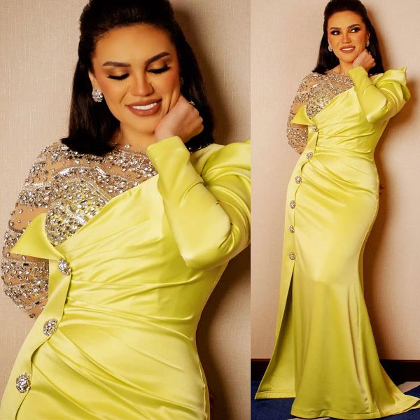 

2023 yellow prom dresses mermaid long sleeves satin crystals beaded side slit custom made ruched evening party gowns vestidos formal occasio, Black