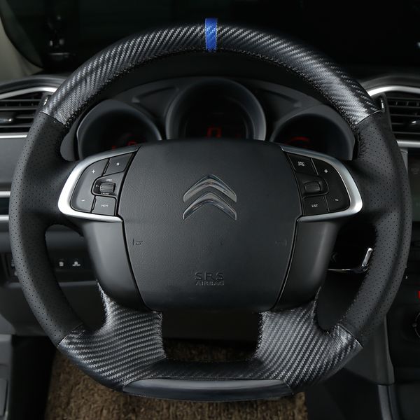 

for citroen c4 2011-2015 ds4 hand-stitched black carbon fibre leather car steering wheel cover