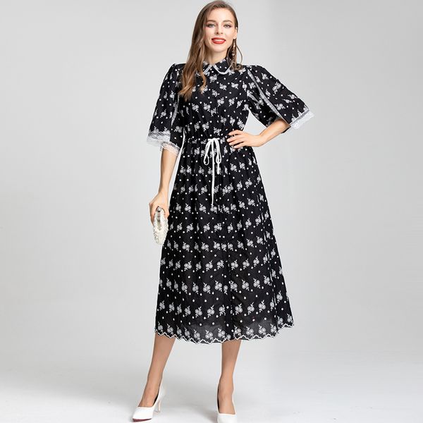 

women's dresses peter pan collar short sleeves printed floral lace piping elegant fashion vestidos, Black
