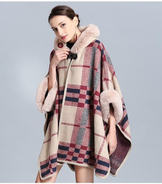 

scarves fashion women's winter warm fur cape babague scarf hooded knit shawl european and american street trend poncho, Blue;gray