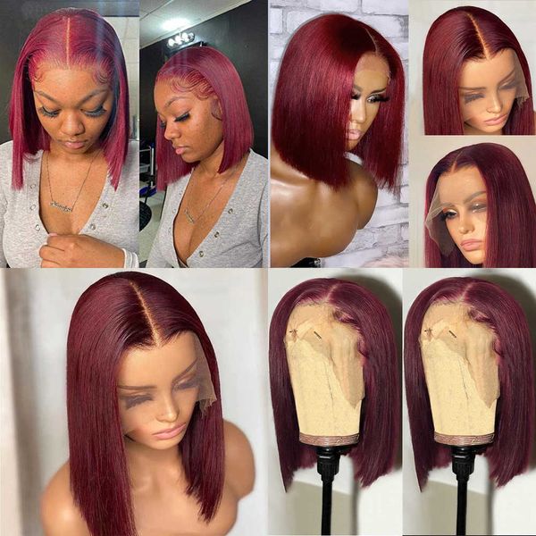 

lace wigs short bob front human hair for black women colored burgundy 99j red straight 13x4 al 221216, Black;brown