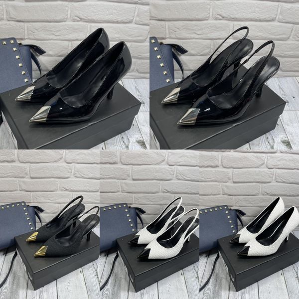 

women slingback high heels sandals designer 7cm pumps patent black slippers white tweed change metal toes wedding party shoes 2023 spring su