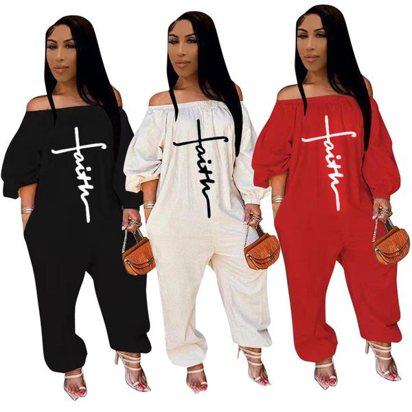 

bulk items wholesale off shoulder jumpsuits women embroidery faith one-pieces lady rompers casual long sleeve overalls 8753, Black;white