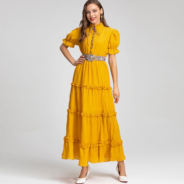 

women's dresses stand collar short sleeves ruffles elegant high street party wear vestidos, Black