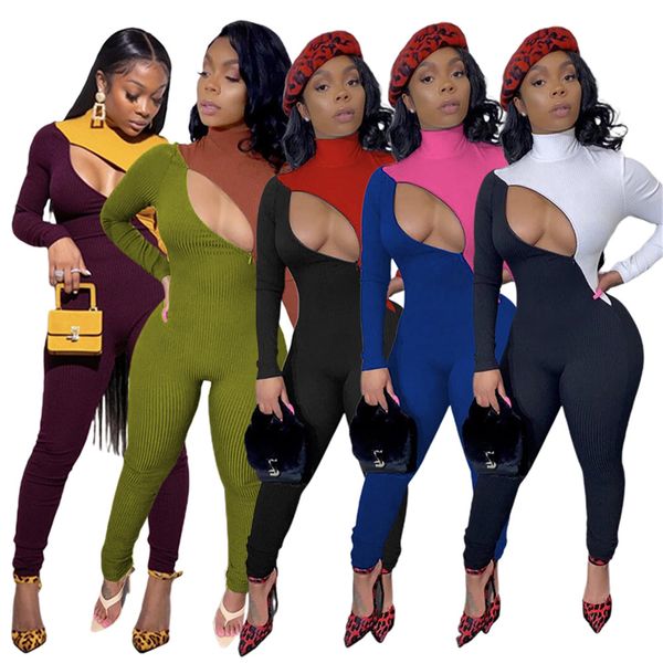 

ribbed jumpsuits women one-pieces outfit clothes bodycon overalls patchwork long sleeve lady romper pants wholesale fall winter clothing 901, Black;white