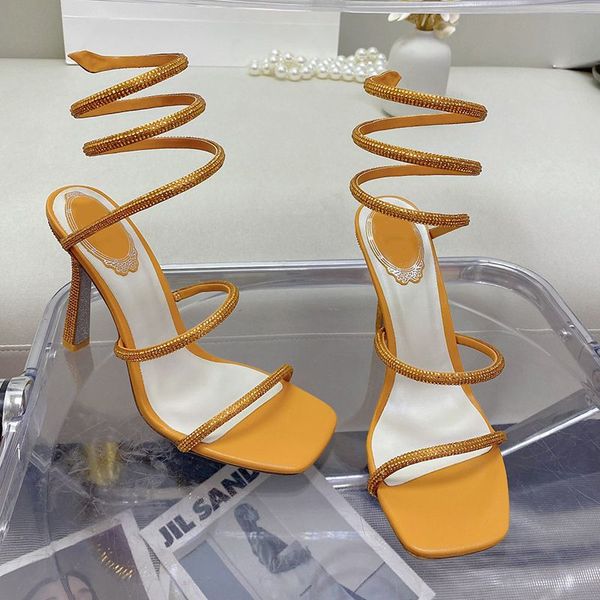 

2022 new fashion sandals square head sandals for womens luxury designer crystal ankle strap winding shoes high heels stiletto sandal 35-43 f, Black