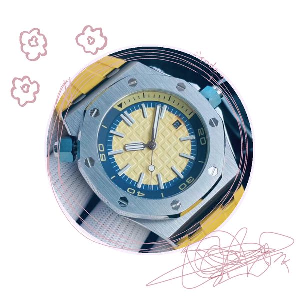 

men's automatic mechanical watch glass calendar 42mm sports rubber belt stainless steel buckle designer watches yellow montre luxury go, Slivery;brown